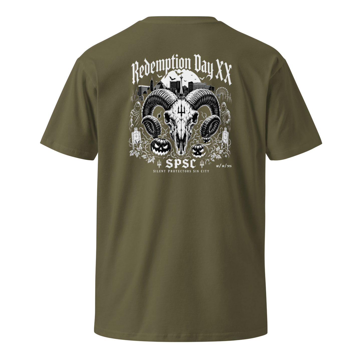Redemption Day XX Event Tee in Army Green, back view — RCRM
